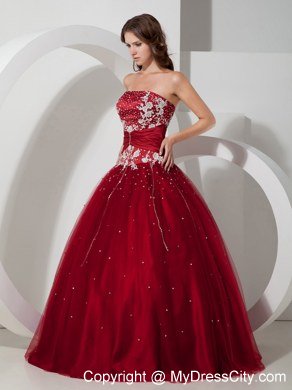 Strapless Appliques Wine Red 2013 Quinceanera Dress With Beading