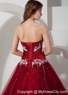 Strapless Appliques Wine Red 2013 Quinceanera Dress With Beading