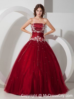 Strapless Appliques Wine Red 2013 Quinceanera Dress With Beading