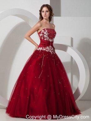 Strapless Appliques Wine Red 2013 Quinceanera Dress With Beading