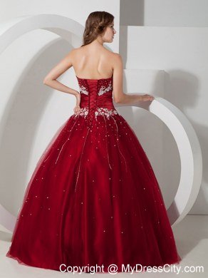 Strapless Appliques Wine Red 2013 Quinceanera Dress With Beading