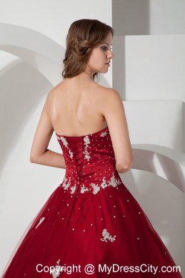 Satin and Tulle Appliques Strapless Wine Red Dresses For Sweet 15