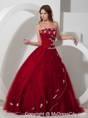 Satin and Tulle Appliques Strapless Wine Red Dresses For Sweet 15