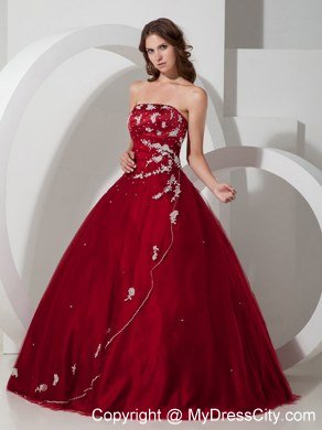 Satin and Tulle Appliques Strapless Wine Red Dresses For Sweet 15