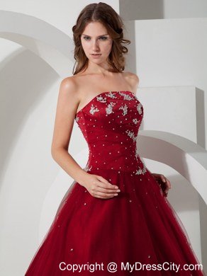 Satin and Tulle Appliques Strapless Wine Red Dresses For Sweet 15