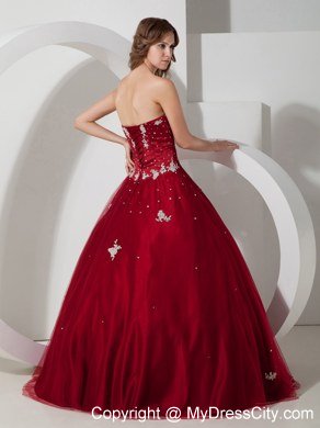 Satin and Tulle Appliques Strapless Wine Red Dresses For Sweet 15