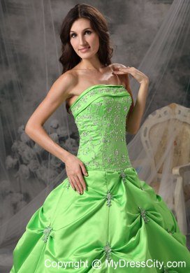 Strapless Appliques With Beading Spring Green Quinceanera Gowns