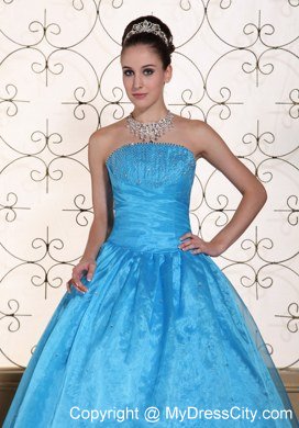 Simple Strapless Organza Beaded Blue Quinceanera Dresses For Cheap