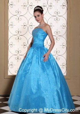 Simple Strapless Organza Beaded Blue Quinceanera Dresses For Cheap