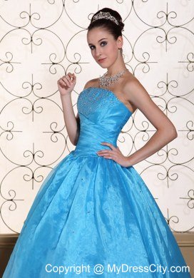 Simple Strapless Organza Beaded Blue Quinceanera Dresses For Cheap