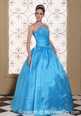 Simple Strapless Organza Beaded Blue Quinceanera Dresses For Cheap