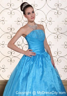 Simple Strapless Organza Beaded Blue Quinceanera Dresses For Cheap