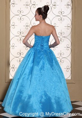 Simple Strapless Organza Beaded Blue Quinceanera Dresses For Cheap