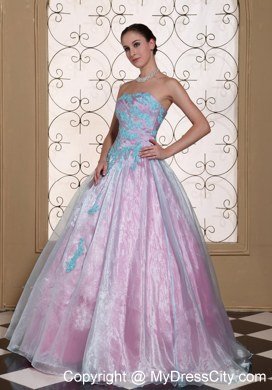 A-line Strapless Appliques On Organza Cheap Quinceanera Party Dress