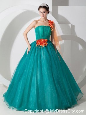 Flowers One Shoulder A-line Organza Turquoise Dresses For Sweet 16