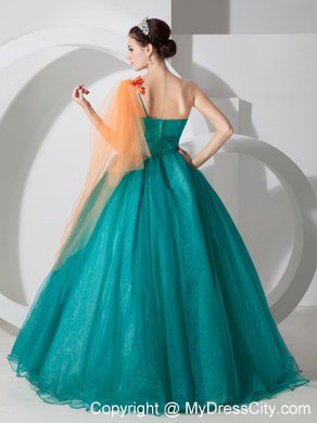 Flowers One Shoulder A-line Organza Turquoise Dresses For Sweet 16