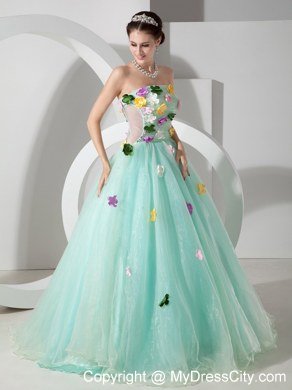 Organza A-line Strapless Colorful Petals Apple Green Sweet 15 Dresses