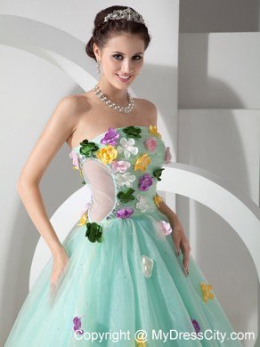 Organza A-line Strapless Colorful Petals Apple Green Sweet 15 Dresses