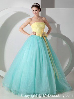 Strapless A-line Organza Yellow and Apple Green Sweet 16 Dress With Sash