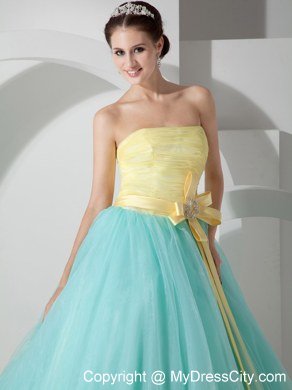 Strapless A-line Organza Yellow and Apple Green Sweet 16 Dress With Sash