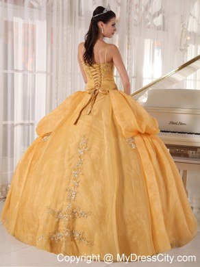 Spaghetti Straps Taffeta and Organza Appliques Gold Quinceanera Dresses