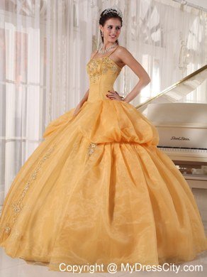 Spaghetti Straps Taffeta and Organza Appliques Gold Quinceanera Dresses