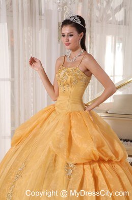 Spaghetti Straps Taffeta and Organza Appliques Gold Quinceanera Dresses