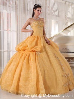 Spaghetti Straps Taffeta and Organza Appliques Gold Quinceanera Dresses