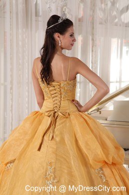 Spaghetti Straps Taffeta and Organza Appliques Gold Quinceanera Dresses