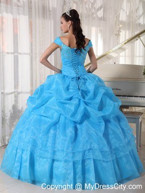 Off The Shoulder Aqua Blue Quinceanera Dress With Beading and Pick Ups