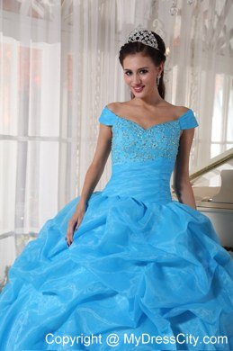 Off The Shoulder Aqua Blue Quinceanera Dress With Beading and Pick Ups