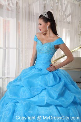 Off The Shoulder Aqua Blue Quinceanera Dress With Beading and Pick Ups