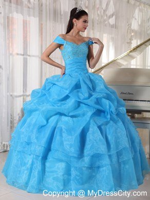 Off The Shoulder Aqua Blue Quinceanera Dress With Beading and Pick Ups