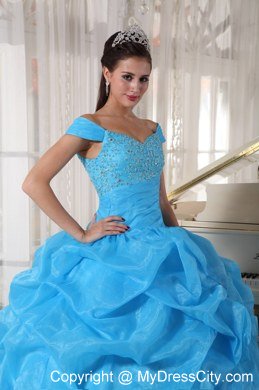 Off The Shoulder Aqua Blue Quinceanera Dress With Beading and Pick Ups