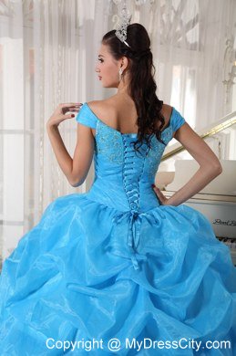 Off The Shoulder Aqua Blue Quinceanera Dress With Beading and Pick Ups