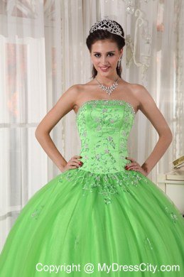 Strapless Embroidery With Beading For Spring Green Quinceanera Dresses