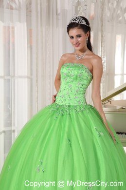 Strapless Embroidery With Beading For Spring Green Quinceanera Dresses