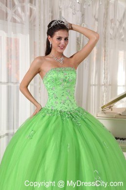 Strapless Embroidery With Beading For Spring Green Quinceanera Dresses