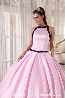 Bateau Zipper Up Back Baby Pink Sweet Sixteen Dresses With Black Hem