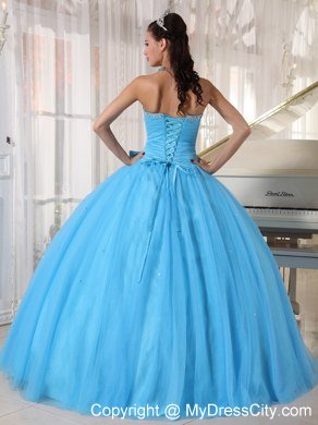 Tulle Sweetheart Beaded Aqua Blue Quinceanera Gowns With Bow