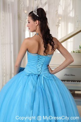 Tulle Sweetheart Beaded Aqua Blue Quinceanera Gowns With Bow