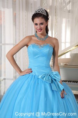 Tulle Sweetheart Beaded Aqua Blue Quinceanera Gowns With Bow