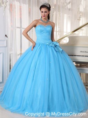 Tulle Sweetheart Beaded Aqua Blue Quinceanera Gowns With Bow