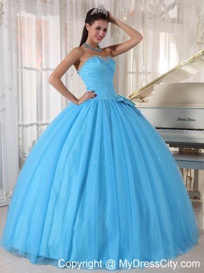 Tulle Sweetheart Beaded Aqua Blue Quinceanera Gowns With Bow