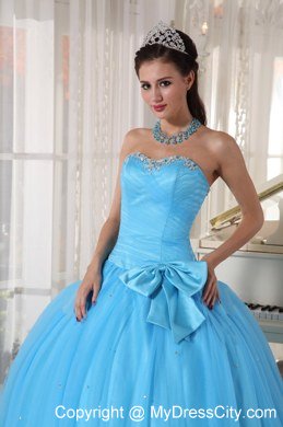 Tulle Sweetheart Beaded Aqua Blue Quinceanera Gowns With Bow