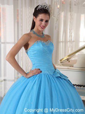 Tulle Sweetheart Beaded Aqua Blue Quinceanera Gowns With Bow