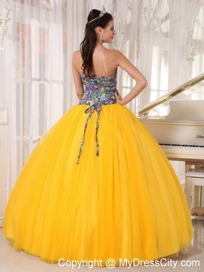 Printing and Tulle Gold Sweet 15 Dresses With Sash For New Arrival