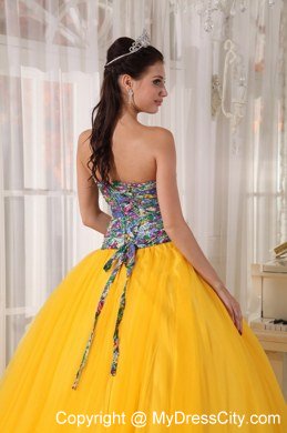 Printing and Tulle Gold Sweet 15 Dresses With Sash For New Arrival