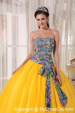 Printing and Tulle Gold Sweet 15 Dresses With Sash For New Arrival