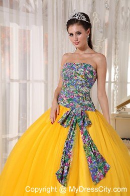 Printing and Tulle Gold Sweet 15 Dresses With Sash For New Arrival